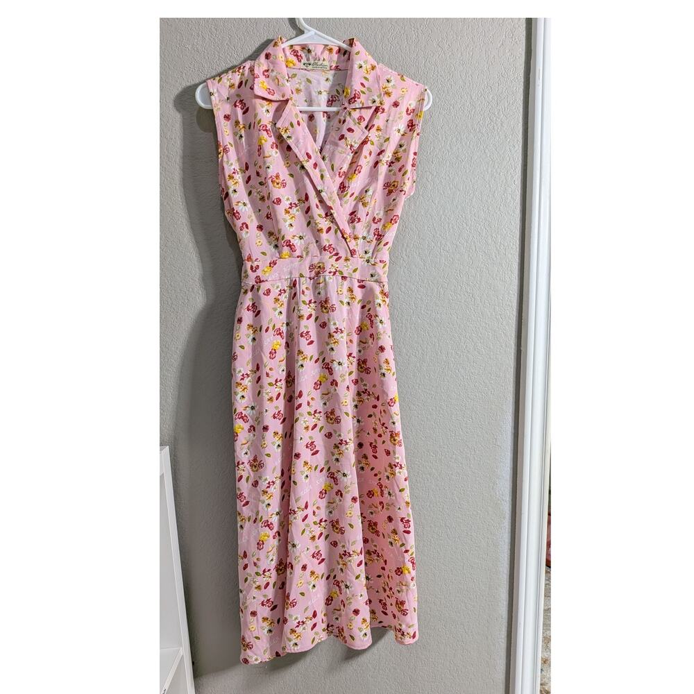 Vintage Pink Floral Retro Midi Dress Cap Sleeve‎ Surplice Lapel Collar Pockets